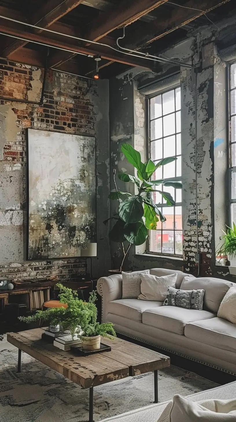 industial living room with concrete, brick wall, plants, industrial lighting, art, nautral color scheme, art 10