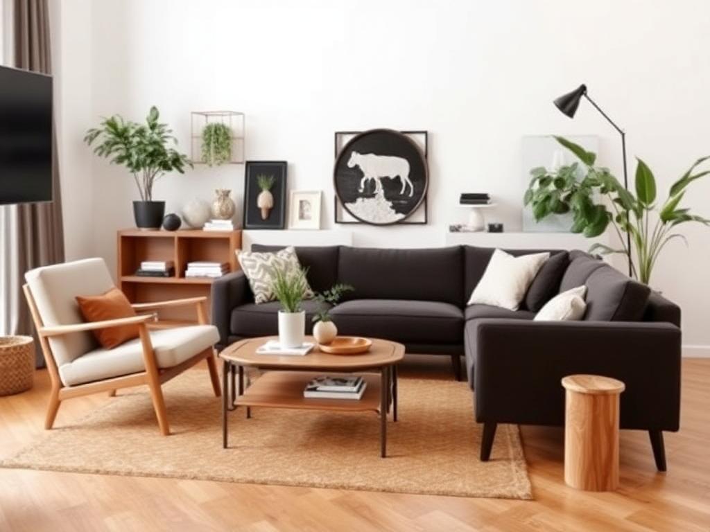 modern farmhouse living room with sofa with plush cushions and cozy fabrics, plants, large windows, metal accents, reclaimed wood furniture, exposed wood beams