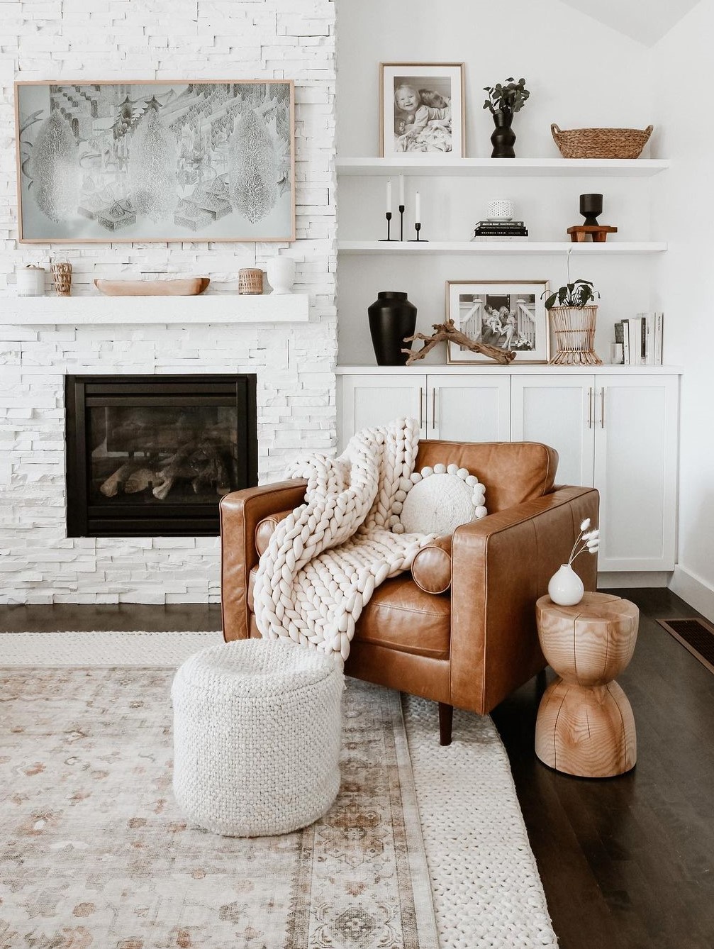 mid century modern tan leather tufted armchair with bolster pillows